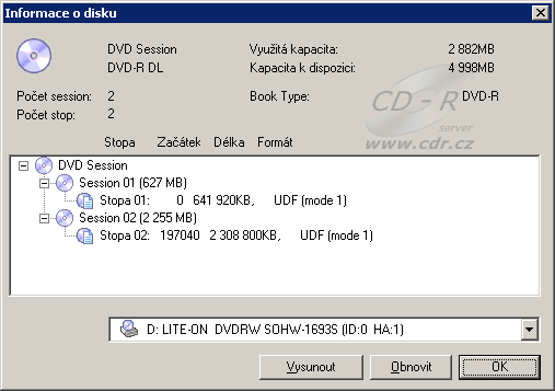 Nero - informace o disku: DVD-R DL médium se dvěma vypálenými se