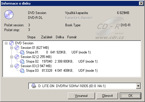 Nero - informace o disku: DVD-R DL uzavřené médium se třemi vypá