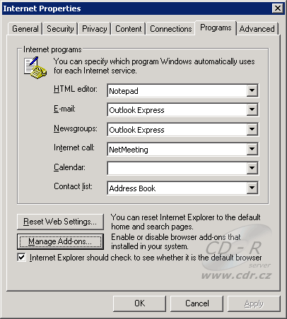 IE7 Beta1: Nastavení - záložka Programs