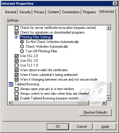 IE7 Beta1: Nastavení - záložka Advanced - Phishing filter a Tabb