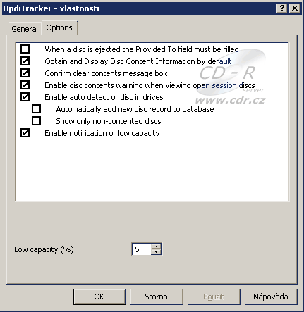 OpdiTracker: Vlastnosti - Možnosti (Options)