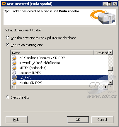 OpdiTracker: Volba vkládaného CD ze seznamu vysunutých