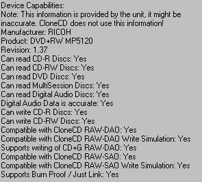 DVD+RW Ricoh MP5120A: CloneCD features