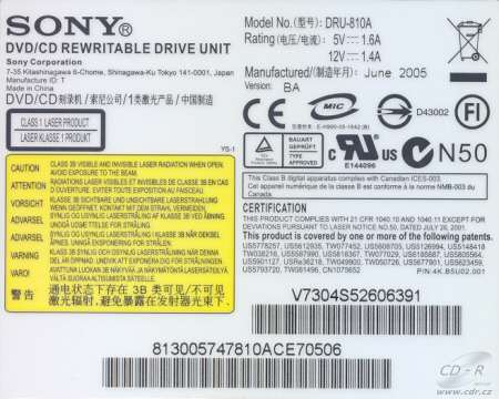 Sony DRU-810A - výrobní štítek