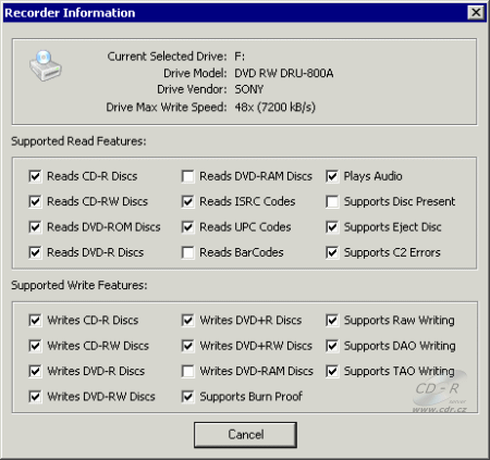 CDBurnerXP Pro 3 - recorder info