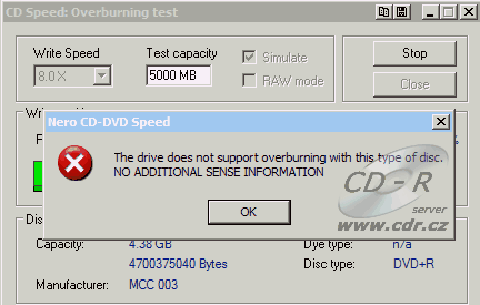 CDspeed DVD+R overburn nelze