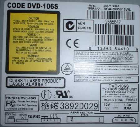 Pioneer DVD-106S vrchní označení