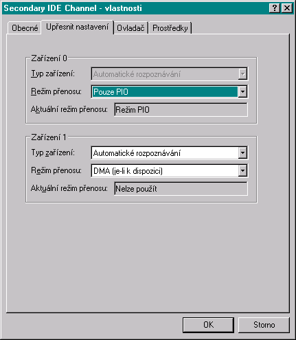 Nastavení IDE zařízení: Pouze PIO