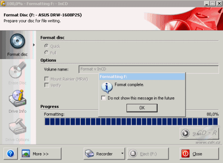 ASUS DRW-1608P2S - formátování DVD-RAM 3× v InCD