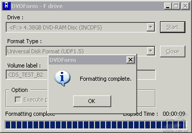 ASUS DRW-1608P2S - formátování DVD-RAM 5× v DVDForm UDF 1.50