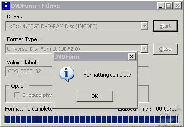 ASUS DRW-1608P2S - formátování DVD-RAM 5× v DVDForm UDF 2.00