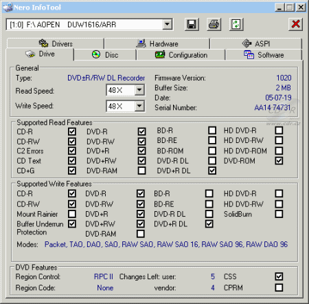 AOpen DUW1616/ARR - Nero InfoTool