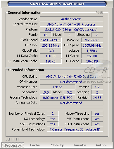 Athlon 64 FX-60 v programu CBId - informace o procesoru