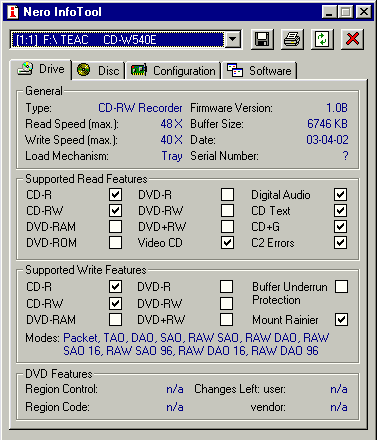 Teac CD-W540E NeroInfoTool