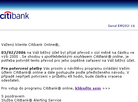 Podvodný e-mail jakoby od Citibank