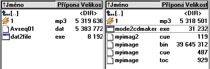Mode2 CD Maker porovnání souborů po extrakci