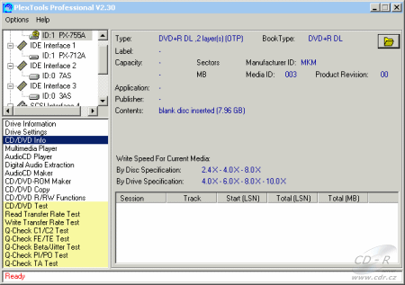 Plextor PX-755A - PlexTools info DVD+R DL Verbatim 8×