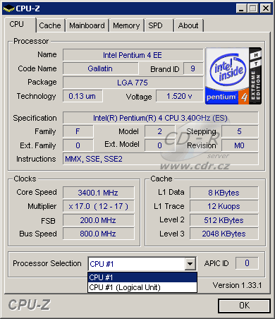 Pentium 4 Extreme Edition 3,4 GHz v CPU-Z