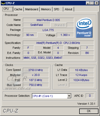 Pentium D 805 přetaktované na 3,75 GHz v CPU-Z