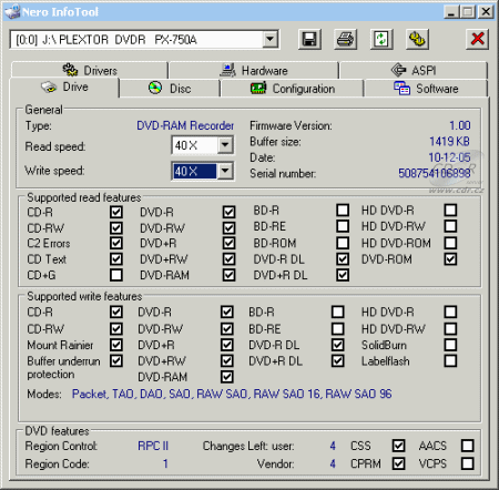 Plextor PX-750A - Nero InfoTool