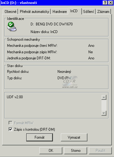 BenQ DW1670 - formát DVD-RW UDF 2.0 DRT-DM