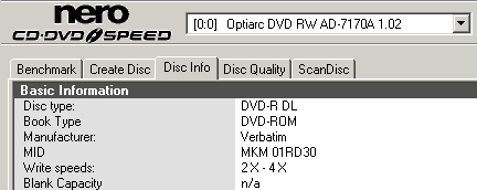 Optiarc AD-7170A - Nero info o zapsaném DVD-R DL