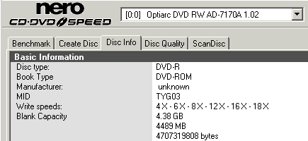 Optiarc AD-7170A - Nero info o zapsaném DVD-R
