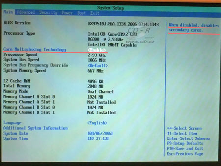 BIOS D975XBX - Main - Core2 Extreme X6800 - položka Core Multipl