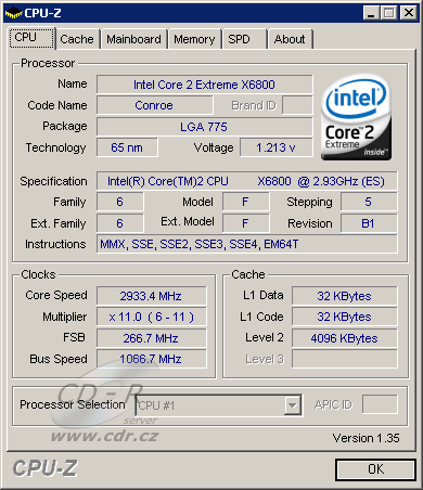 CPU-Z - Core2 Extreme X6800 při vypnuté Core Multiplexing Techno