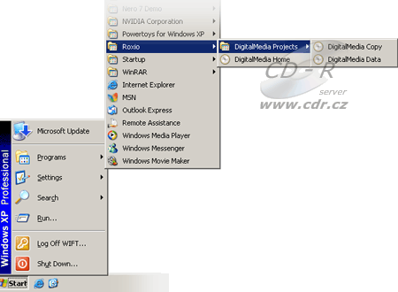Položky v nabídce Start - Programy - Roxio - DigitalMedia