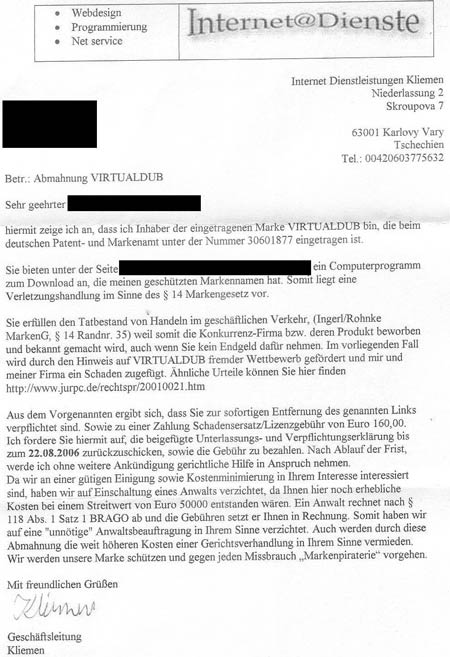 Ukázka výhrůžky od Raimara Kliemena ohledně známky VIRTUALDUB
