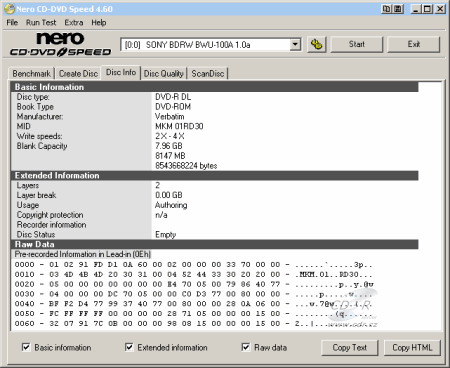 Sony BWU-100A - medium info DVD-R DL Verbatim