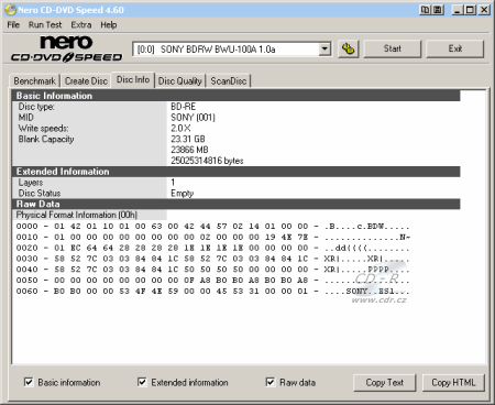 Sony BWU-100A - medium info BD-RE Verbatim