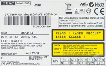 Teac DV-W516GDM - výrobní štítek