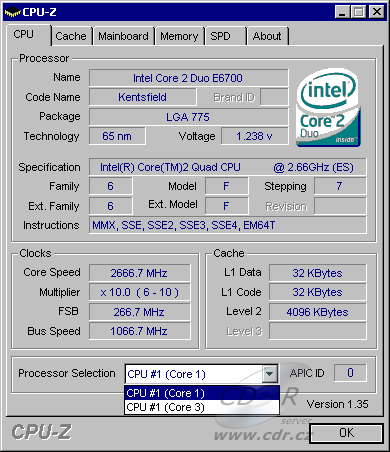 CPU-Z 1.35 - C2XE QX6700 na Windows 2000 Professional