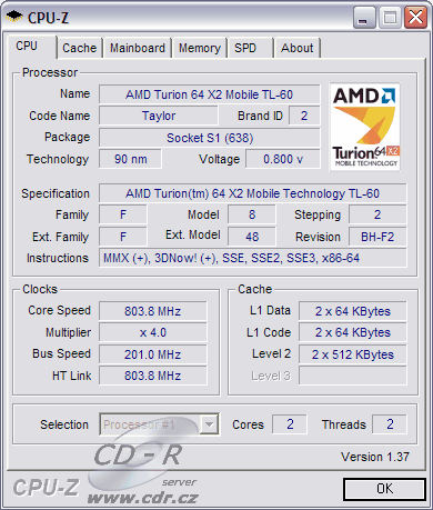 Screenshot programu CPU-Z