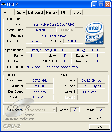 Screenshot programu CPU-Z