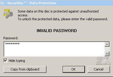 SecurDisc - chybné heslo