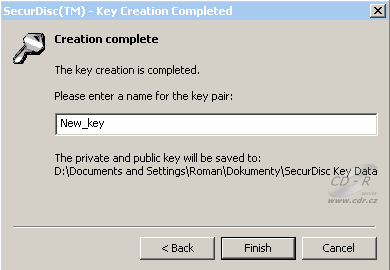 SecurDisc - vytváření digitálního klíče hotovo