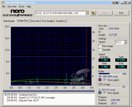 LG GSA H55L - CDspeed zápis DVD-RAM 5× s verifikací