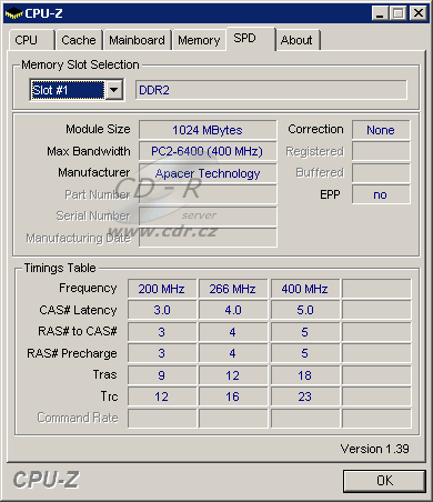 CPU-Z: Informace v SPD čipech paměťových modulů Apacer DDR2-800 