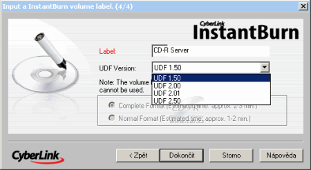 Optiarc BD-M100A - InstantBurn formát BD-RE DL volba UDF