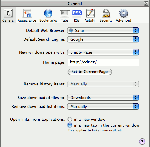 Apple Safari pod Windows, nastavení