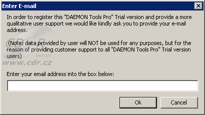 Daemon Tools Pro - výzva k zadání e-mailu