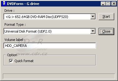 DVDForm pro DVD-RAM - pokus o zformátování HDD