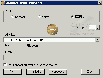 LightScribe - nastavení kontrastu v aplikaci před tiskem