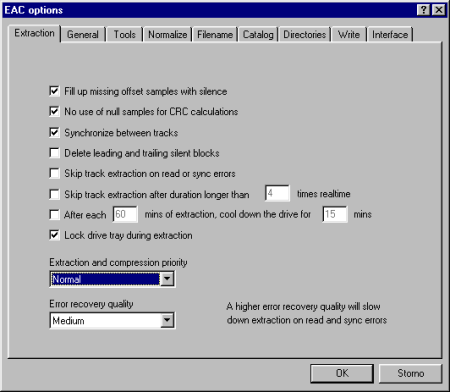 Exact Audio Copy - Nastavení pozastavení extrakce