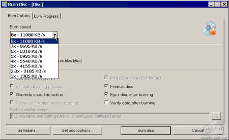 CDBurnerXP Pro 4 - volby pro vypalování