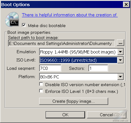 CDBurnerXP Pro 4 - parametry pro boot disk