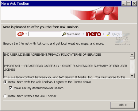 Nero 8 - instalace Ask toolbar